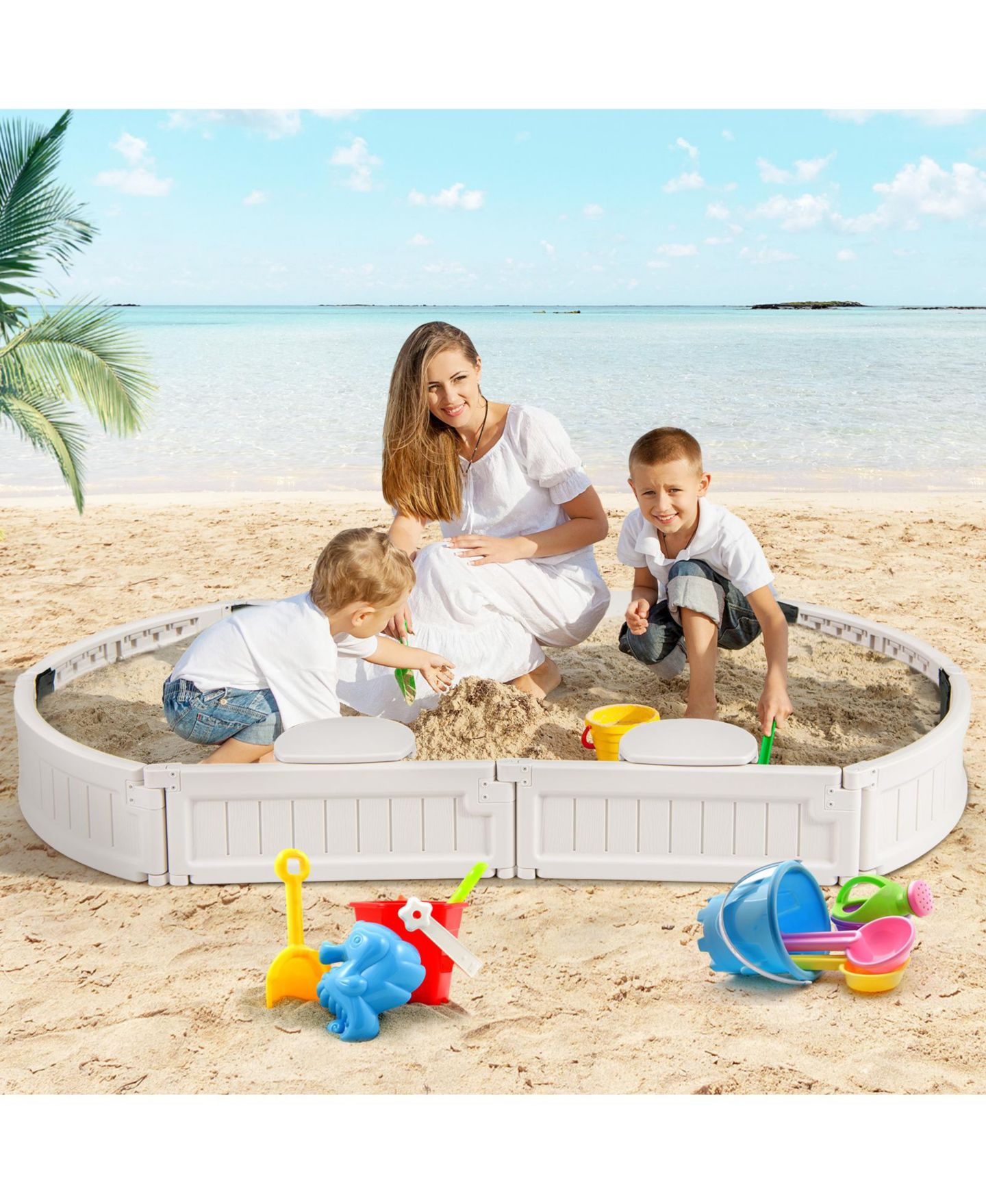 Детская игрушка Mecale 6 Feet Kids Oval Sandbox with Built-in Corner Seat and Bottom Liner, цвет: Белый — фото 7
