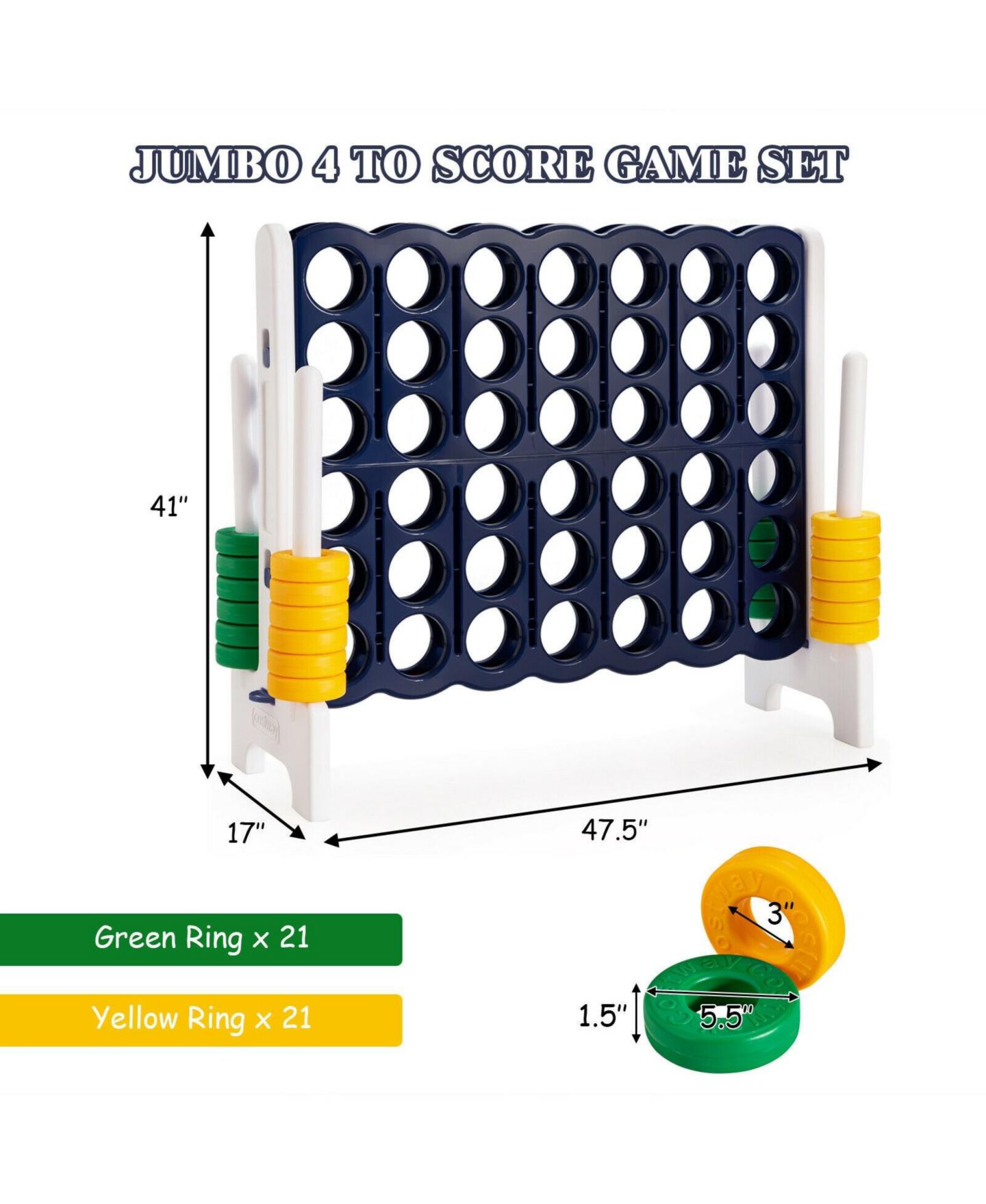 Детские игрушки Mecale 3.5 Feet Tall Jumbo 4-to-Score Giant Game Set with 42 Jumbo Rings, цвет: Чёрный — фото 3