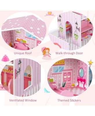 Kids Wooden Dollhouse Playset with 5 Simulated Rooms and 10 Pieces of Furniture