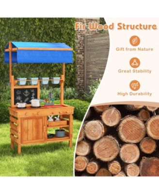 Wooden Pretend Play Kitchen with Height Adjustable Canopy for Kids