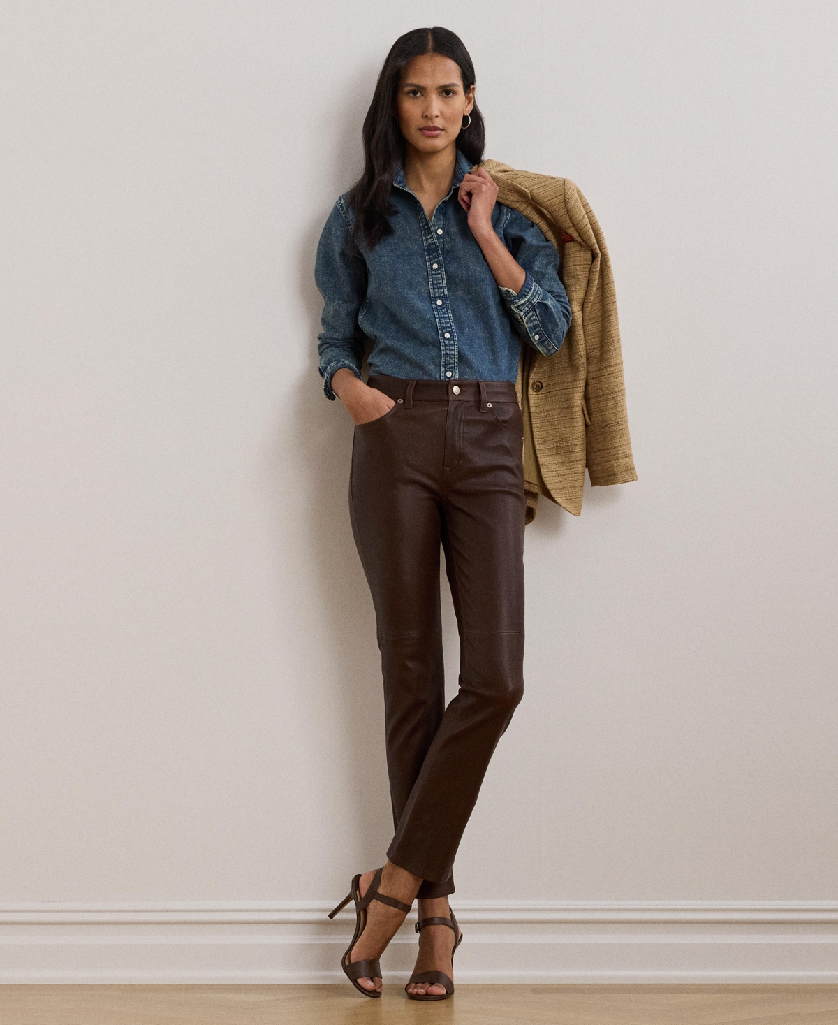 Women's High-Rise Lambskin Straight Ankle Pants - Dark Hickory