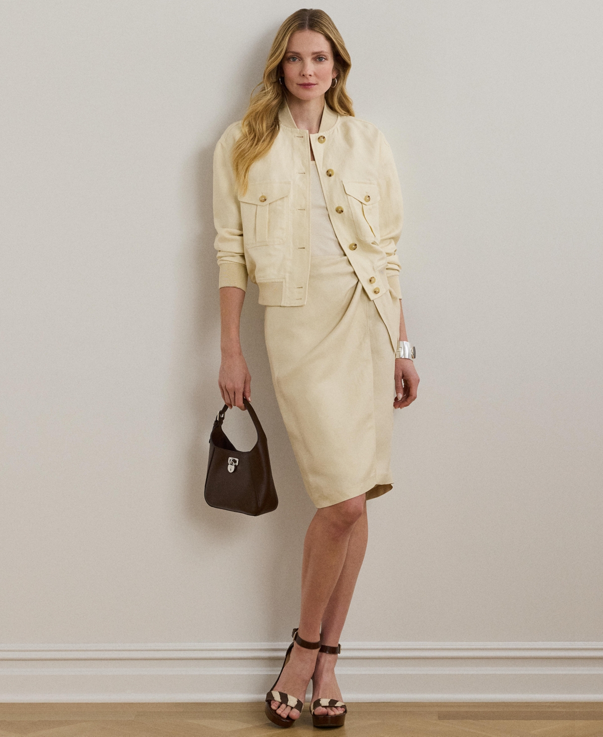 Women's Linen-Blend Twill Wrap Skirt - Ivory Beige