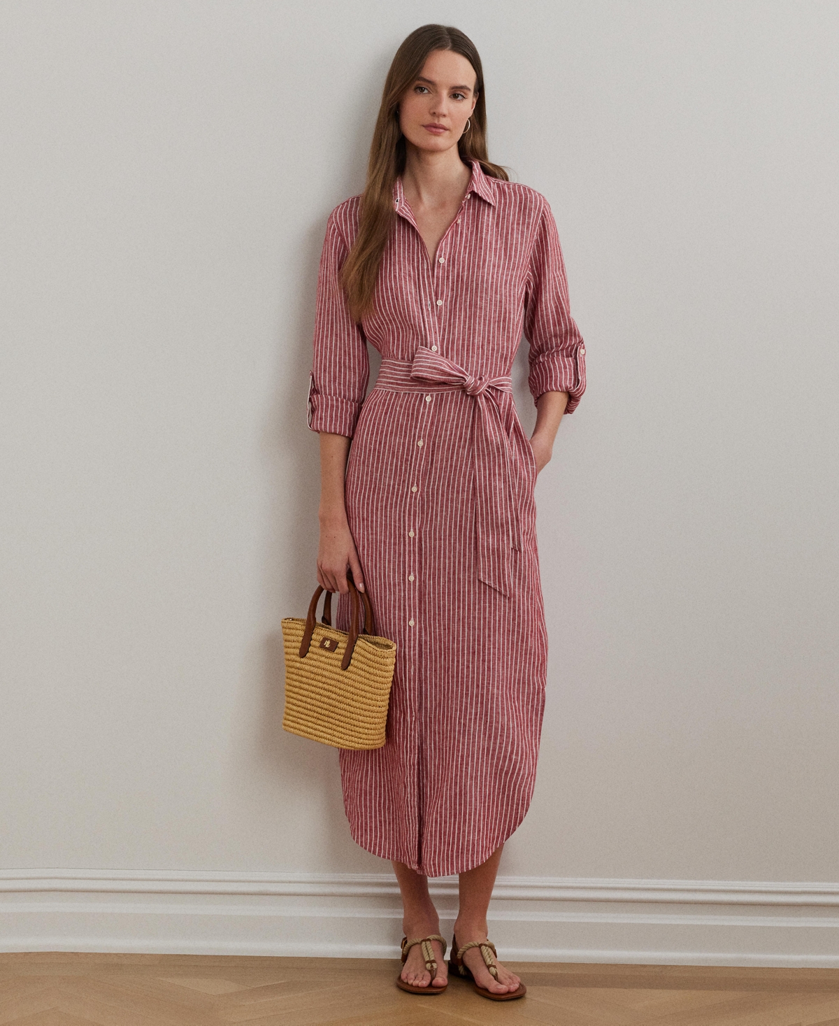 Women's Striped Linen Roll-Tab-Sleeve Shirtdress - Light Red/White
