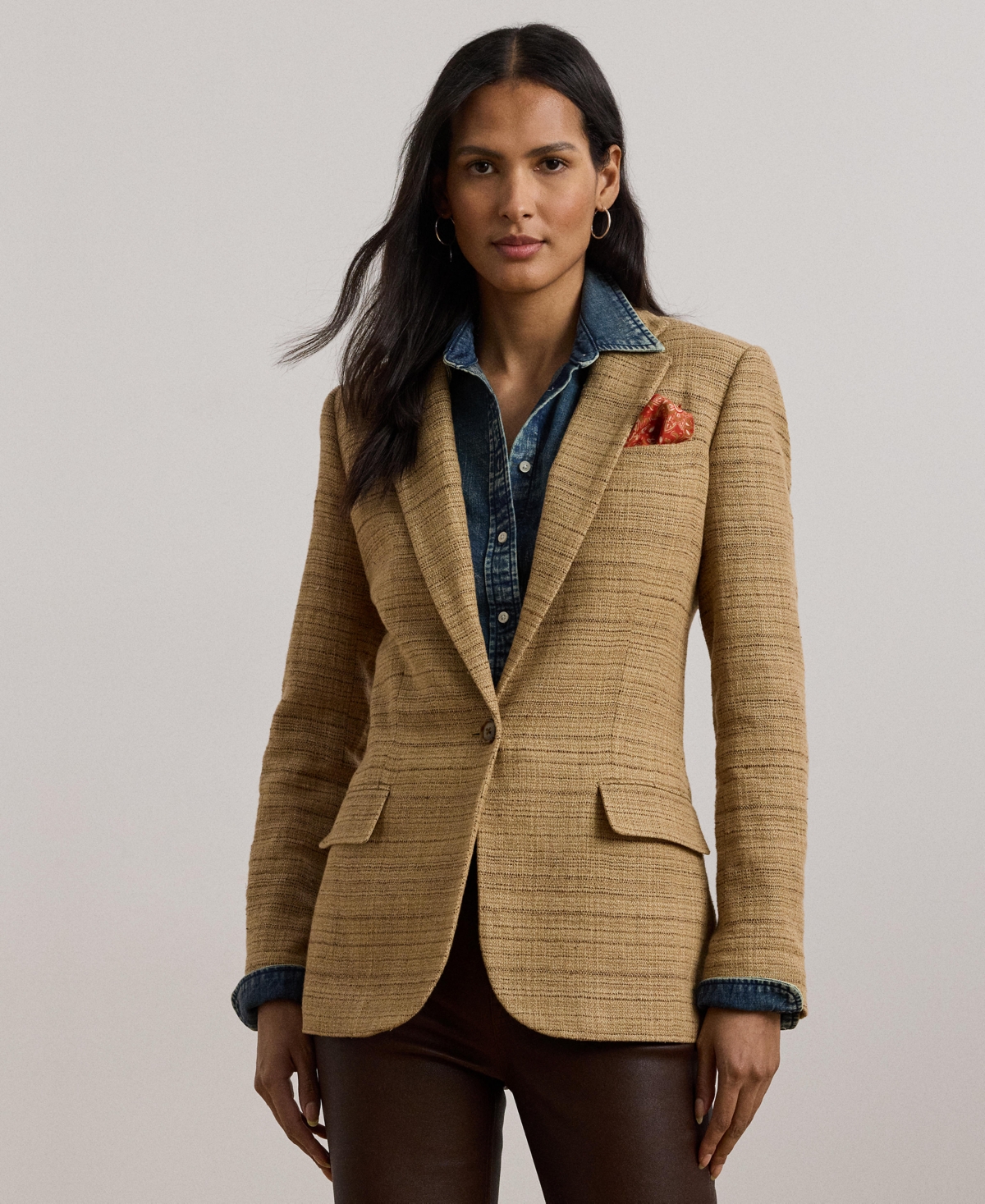 Women's Herringbone Linen-Blend Tweed Blazer - Tan/Brown Multi