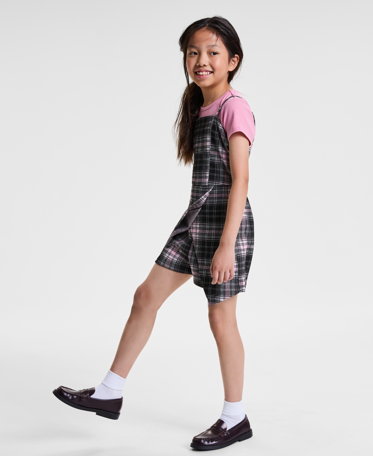Rare Editions Big Girls Rib T-shirt & Plaid Shorts Jumper, 2 Piece Set In Black
