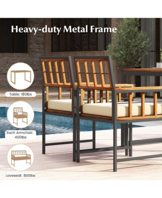 4 PCS Acacia Wood Patio Dining Set w/ 1 Rectangular Table 1 Loveseat & 2 Armchairs