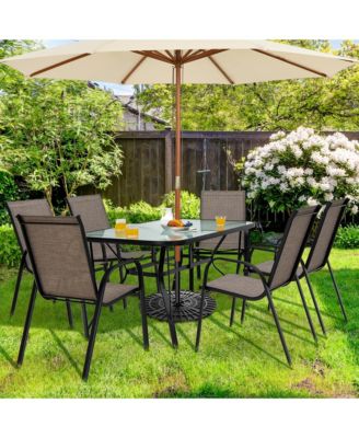 7PCS Patio Dining Furniture Set w/ 6 Stackable Armchairs & Umbrella Hole