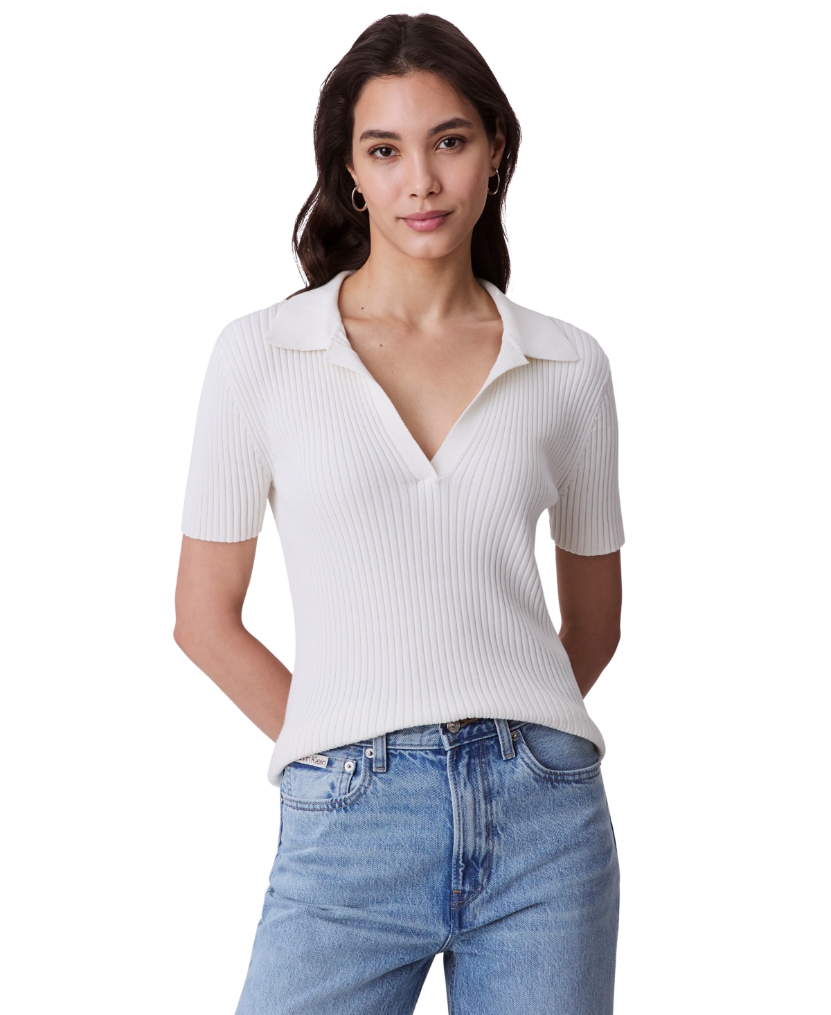 Women's Cotton Ribbed Monogram-Logo Polo Top - Plein Air