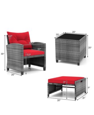 5 Piece Patio Rattan Furniture with 2 Ottomans and Tempered Glass Coffee Table-Red