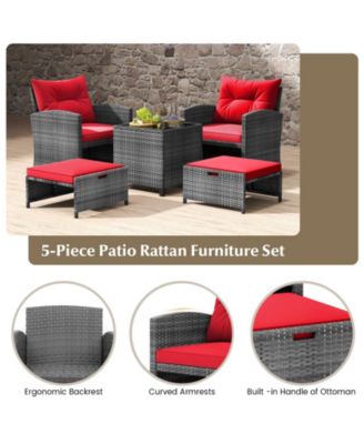 5 Piece Patio Rattan Furniture with 2 Ottomans and Tempered Glass Coffee Table-Red