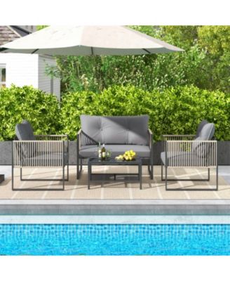 4 Pieces Outdoor PE Rattan Conversation Sofa Set with Cushions