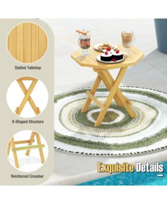 Teak Wood Octagon Coffee Table with X-shaped Legs and Slatted Tabletop