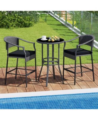 3-Piece Patio Rattan Bar Set with Tempered Glass Top for Backyard Poolside-Gray