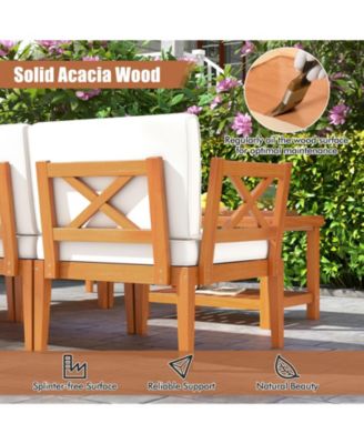 6 Pieces Acacia Wood Patio Furniture Set with Cushions and 2-Tier Coffee Table-White