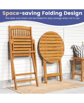 3 Pieces Acacia Wood Patio Folding Bistro Set with Soft Cushions