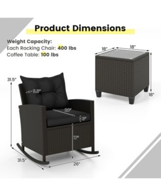 3-Piece Patio Rattan Roker Chairs with Tempered Glass Table and Soft Cushions-Black