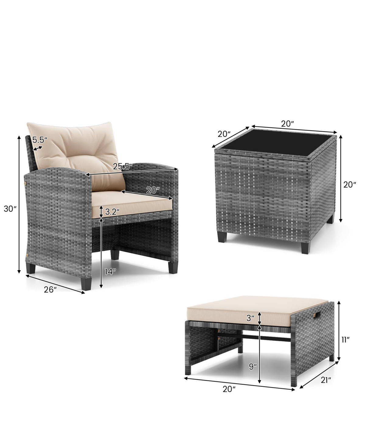 5 Piece Patio Rattan Furniture with 2 Ottomans and Tempered Glass Coffee Table