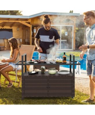 Outdoor Bar Cart Wicker Buffet Serving Cart with Cabinet and 8 Hooks