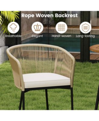 3 Pieces Rope Woven Patio Bar Set with Soft Cushions and Acacia Wood Tabletop