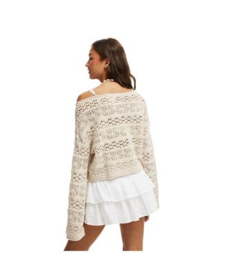 Женский пуловер с вырезом лодочкой, связанный крючком ИЗ ХЛОПКА