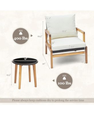 3 Pieces Patio Furniture Set with Cushioned Chairs and Tempered Glass Side Table-Brown