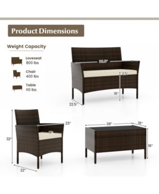 4 Piece Patio Rattan Conversation Set with Cozy Seat Cushions-Beige