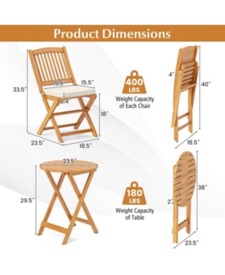 3 Pieces Acacia Wood Patio Folding Bistro Set with Soft Cushions-Beige