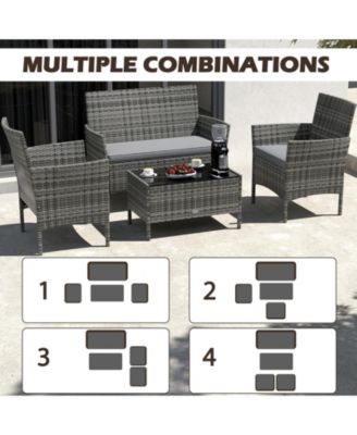 4 Piece Patio Rattan Conversation Set with Cozy Seat Cushions-Light Gray