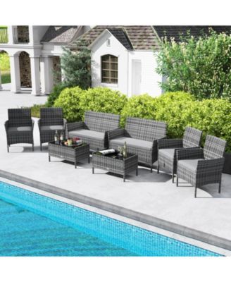 4 Piece Patio Rattan Conversation Set with Cozy Seat Cushions-Light Gray