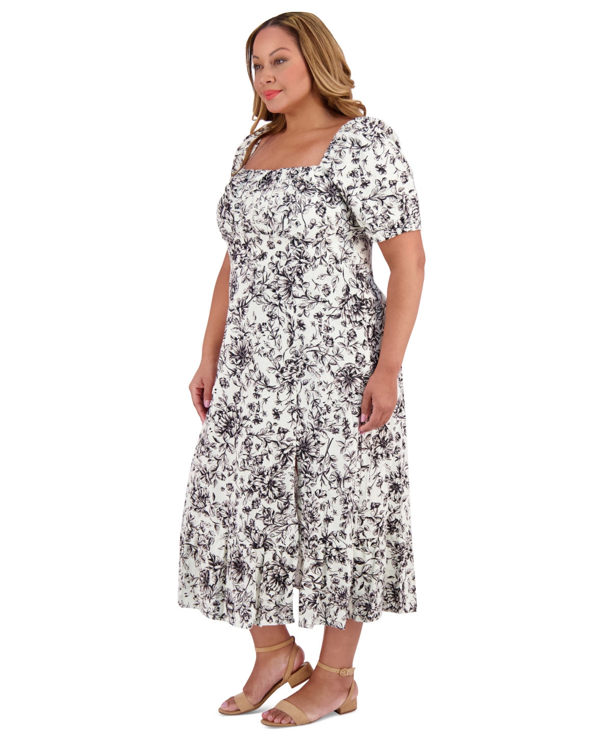London Times Plus Size Printed Puff-sleeve Maxi Dress