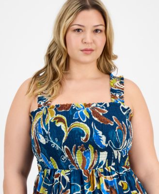 Plus Size Printed Smocked Cotton Sleeveless Maxi Dress