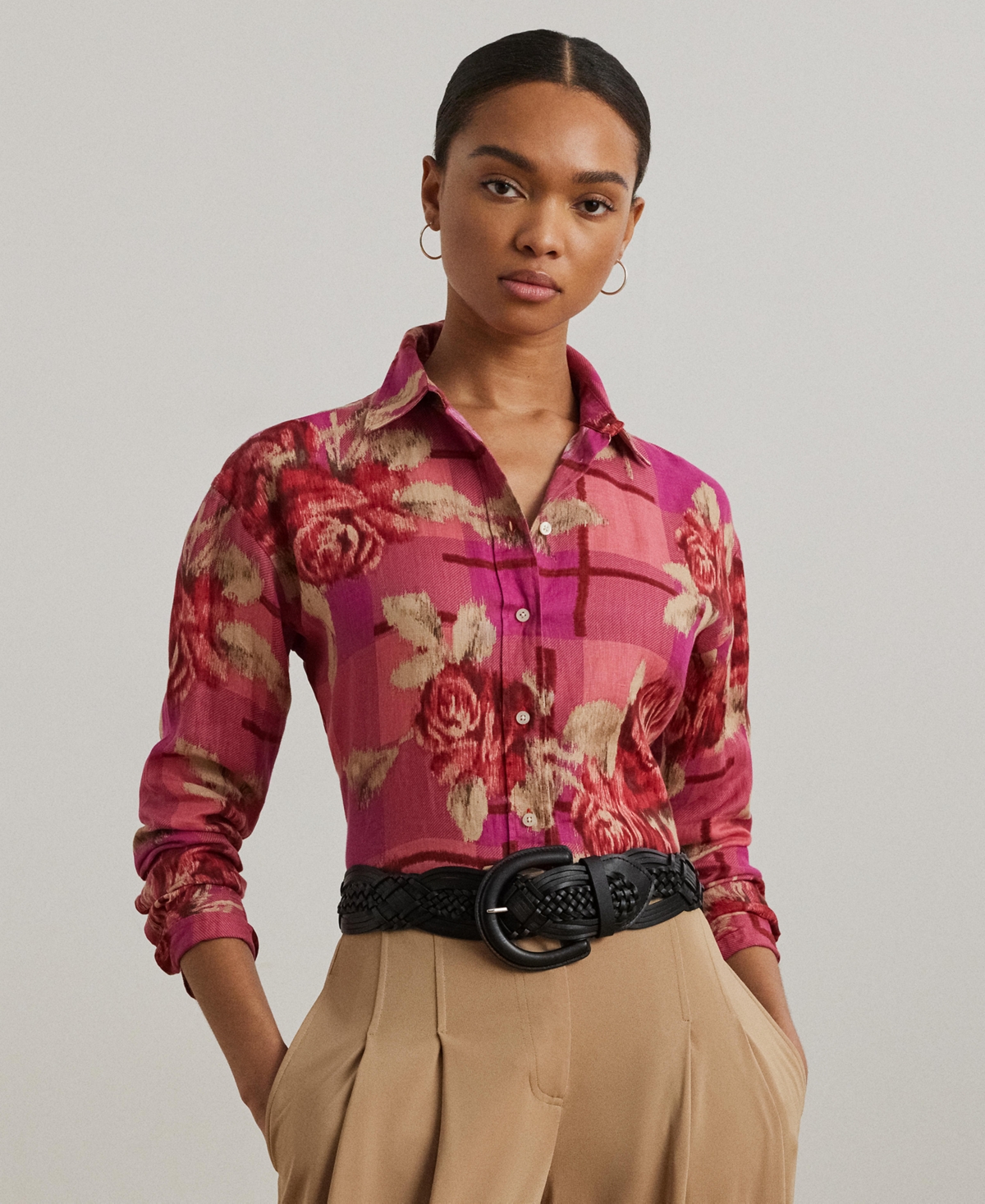 Women's Relaxed-Fit Floral Linen Shirt - Red/Pink/Multi