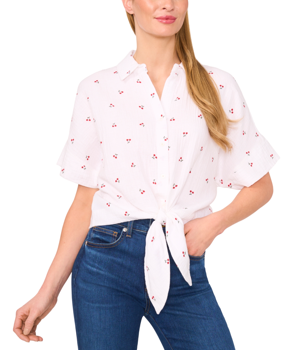 Cece Cherry Print Cotton Tie Front Button-up Shirt In White