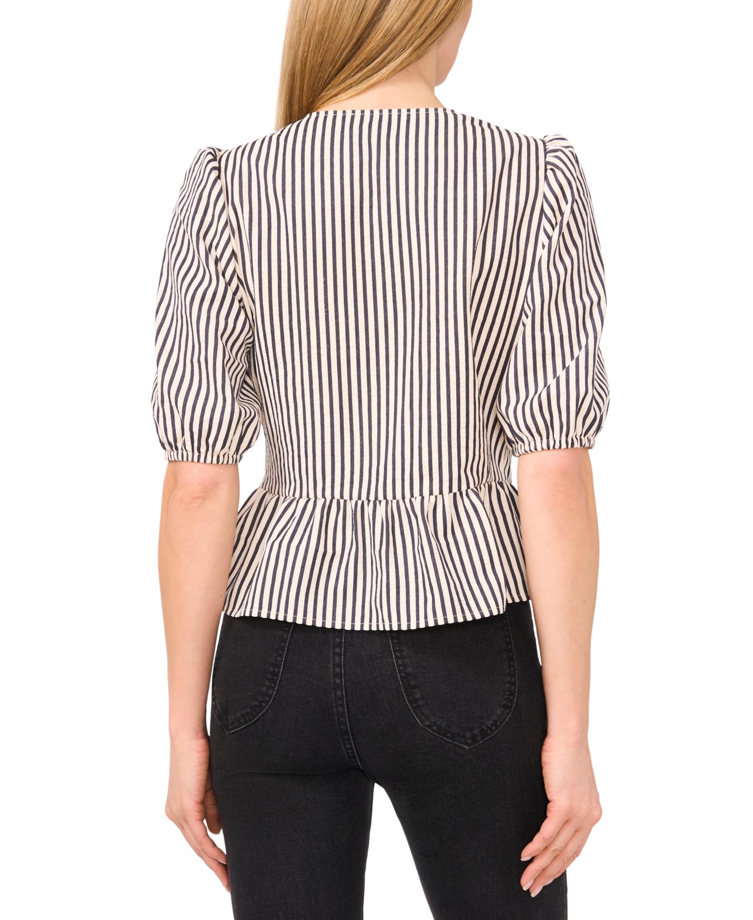 Women's Striped Puff 3/4-Sleeve Bow-Front Peplum Blouse