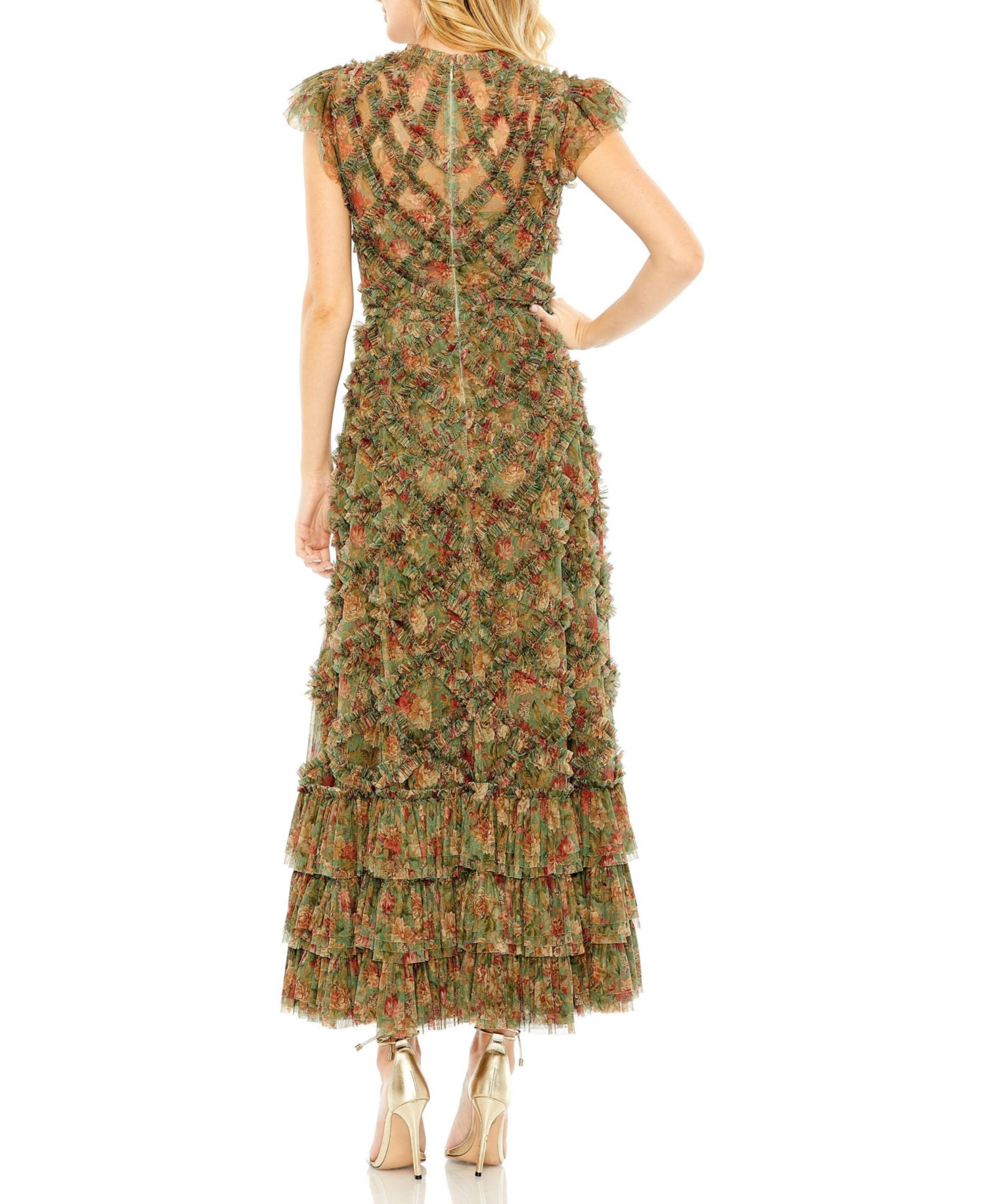 Women's High Neck Ruffle Cap Sleeve Floral Dress