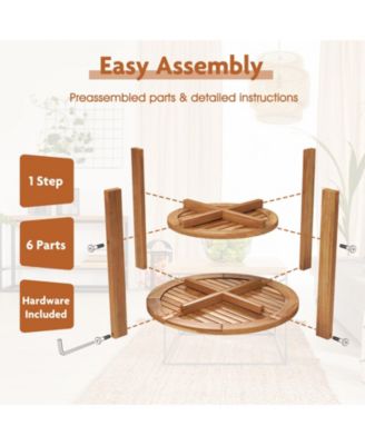 Outdoor Teak Wood Round Side Table Patio End Table with Slatted Storage Shelf
