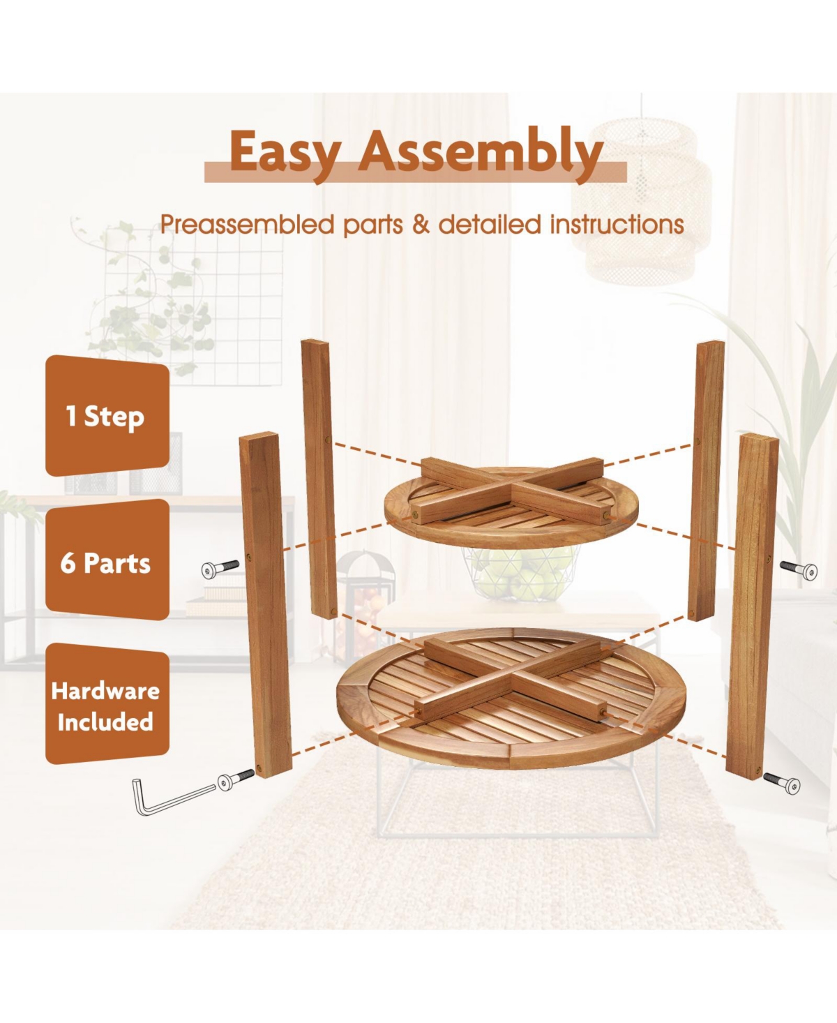 Outdoor Teak Wood Round Side Table Patio End Table with Slatted Storage Shelf