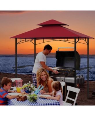 Outdoor Double-Tiered Grill Gazebo Canopy with 2 Shelves and 7 Hooks-Red