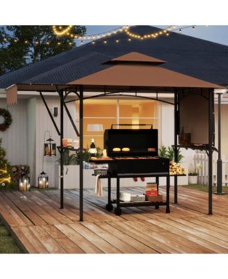 13 x 5 Feet Grill Gazebo with Dual Side Awnings and 2 Shelves Adjustable Shadow-Coffee