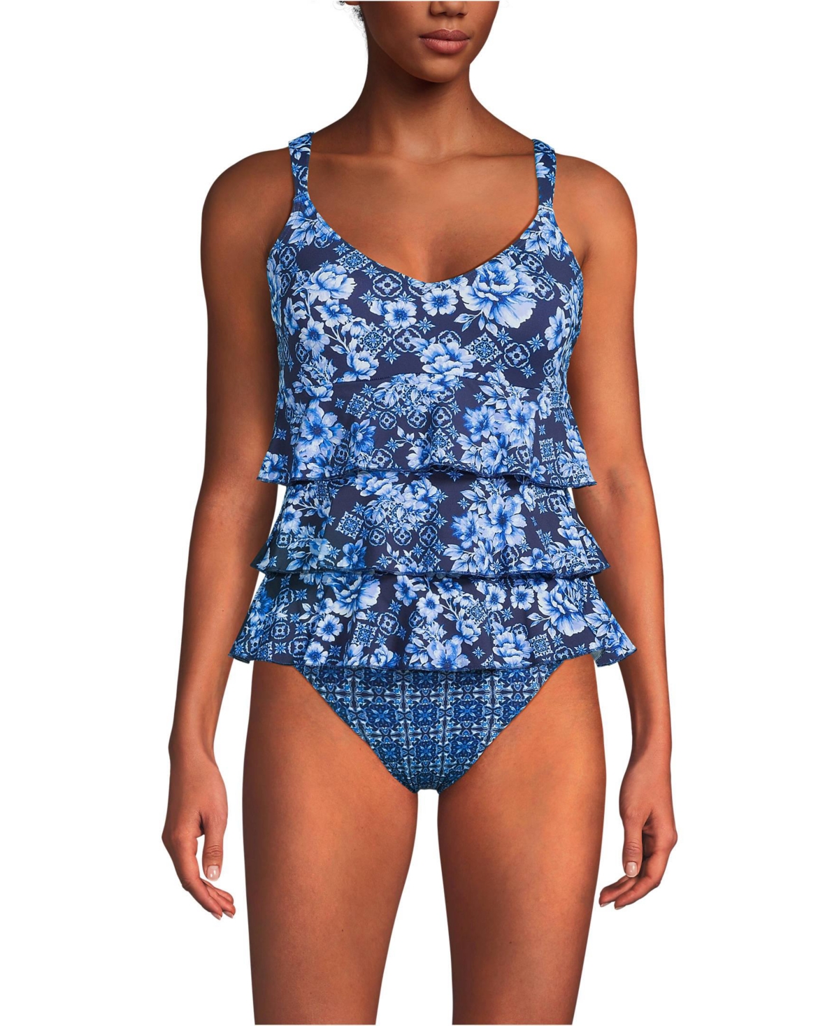 Women's Ruffle Fauxkini One Piece Swimsuit - Olive green pansy floral