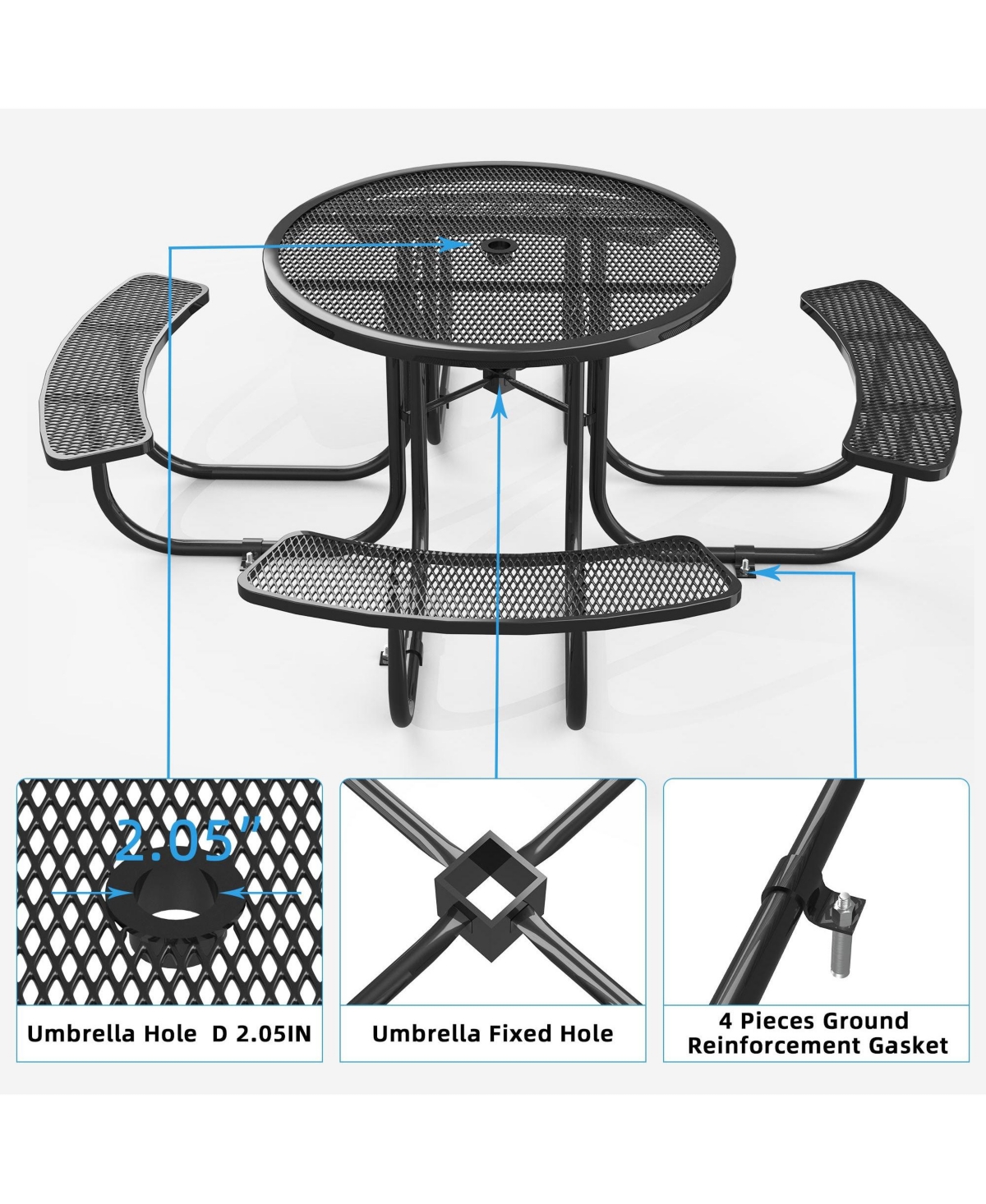 Round Outdoor Steel Picnic Table 46" with umbrella pole