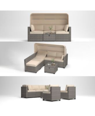 6 Pieces Patio Furniture Sets, Outdoor Rattan Daybed with Retractable Canopy, Outdoor Sectional Sofa Set with Adjustable Backrest, Chaise Chair Sunbed