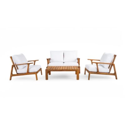 4 Person Outdoor Sofa Set Patio Seating Group with Cushions Coffee Table Teak Finish White Cushion