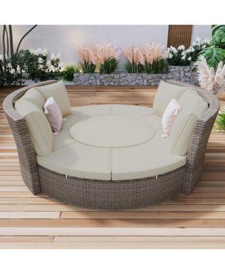 5-Piece Round Rattan Sectional Sofa Set All-Weather PE Wicker Sunbed Daybed with Round Liftable Table and Washable Cushions