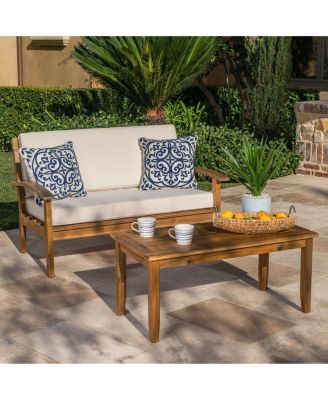 2 Pieces Acacia Wood Outdoor Loveseat with Coffee Table and Beige Cushions for Patio Backyard