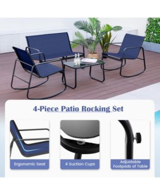 4 Piece Patio Rocking Set with Glass-Top Table-Navy