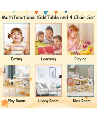 5 Piece Kiddy Table and Chair Set , Kids Wood Table with 4 Chairs Set Cartoon Animals