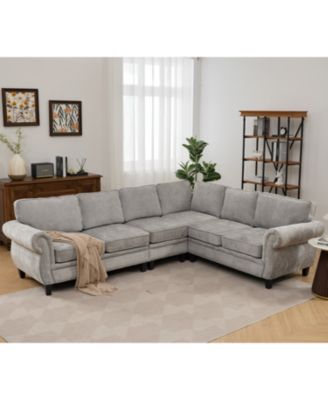 Streamdale 109.5" Light Gray Chenille Sectional Sofa, Rivets & Rolled Arms