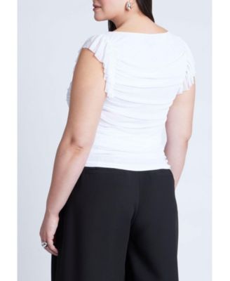 Women's Plus Size Shirred Mesh Top With Shoulder Flounces