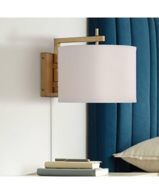 Adair Modern Wall Lamps Set of 2 Warm Brass Metal Plug-in 12" Light Fixture Linen Drum Shade for Bedroom Reading Living Room Hallway Home